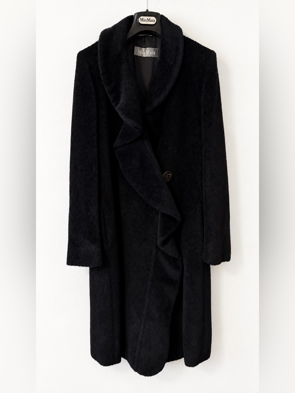 MaxMara Black Alpaca Virgin Wool Draped Shawl Collar Long Coat Size 8